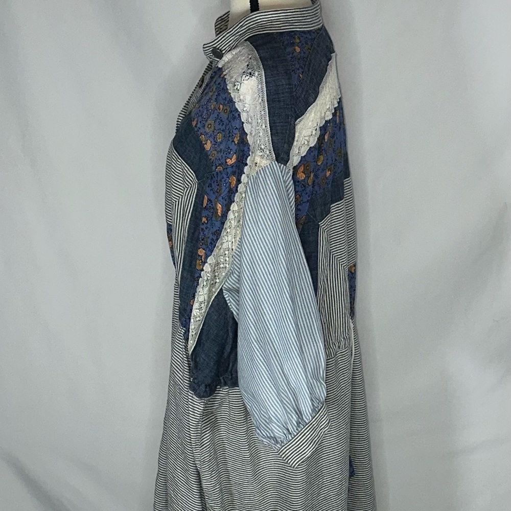 Free People New Romantics Mixed Media Boho Tunic Dress Blue Floral Lace Size Lg - Picture 8 of 12
